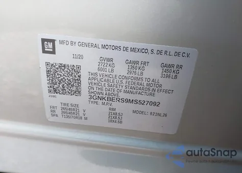 2021 Chevrolet Blazer Fwd Rs из США, поврежденный, VIN 3GNKBERS9MS527092